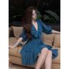 Syj/Shu Yijia Slightly Oversized Girls French Pure Desire Style Ruffles V-neck Dress Female Adult Lady like Woman Elegant Cinched Short Dress