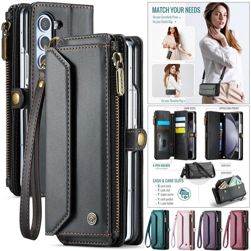 CaseMe Flip Leather Phone Case for Samsung Galaxy Z Fold 7 5G 6 5 4 3 S26 Ultra S25 Edge S24 FE S23 S22 S21 S20 Plus Note 20 Zipper Wallet Card Cover