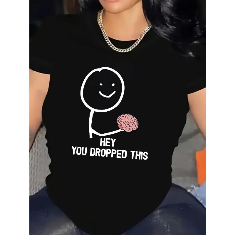 

European Size Women s Funny Lost Brain Graphic T-Shirt - Humorous -Side Print Round Neck Casual Tee with Brain 4XL чорний