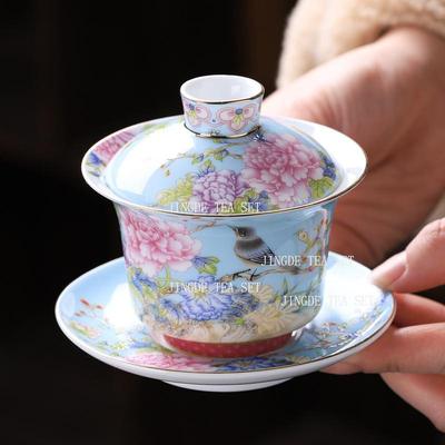 Ceramic Enamel Colored Tea Cup with Lid Chinese High-end Non Scalding Tea Cup Large Size with Lid Hovering Kung Fu Cup