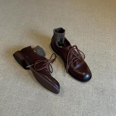 Versão em pele de ovelha~ sapatos de couro pequenos marrons retrô com cadarço femininos bico redondo polido salto baixo sapatos confortáveis para o dia a dia couro genuíno