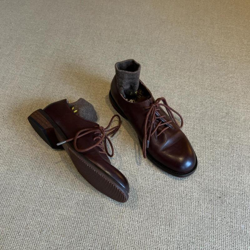 Verze ovčí kůže~ retro hnědé šněrovací malé kožené boty dámské kulatá špička leštění nízký podpatek pohodlné vycházkové boty pravá kůže