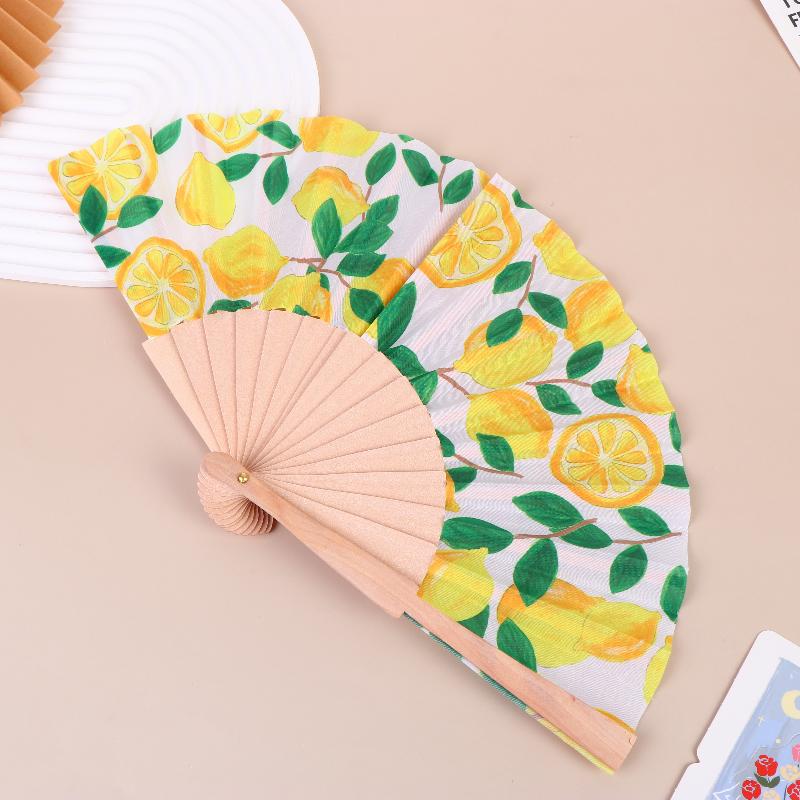 §Éventail Pliant à Imprimé Citron Motif Fruit Bambou Tissu Ventilateur Portatif Pour Rafraîchissement d'Été Performance de Danse Mariage Fête Décor