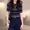 Color-block Striped Open-weave Lightweight Women's Summer New Style Versatile Fashionable Round-neck Short-sleeved T-shirt