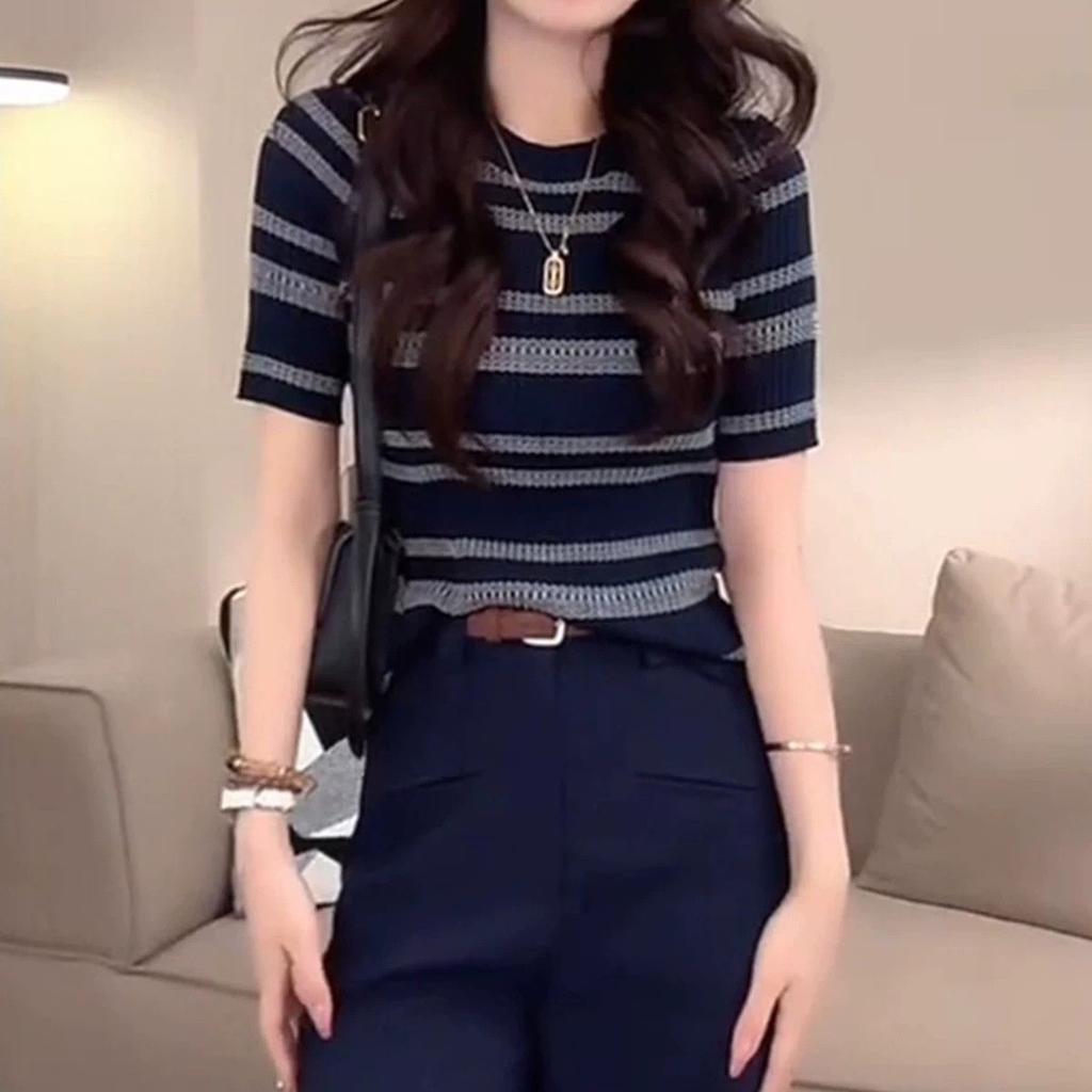 Color-block Striped Open-weave Lightweight Women's Summer New Style Versatile Fashionable Round-neck Short-sleeved T-shirt