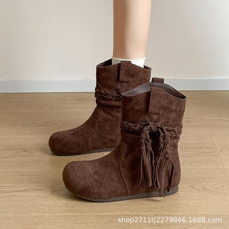 

Ретро западные ковбойские сапоги с кисточками, внутренняя высота 2025, бархатные, осенне-зимние, для улицы, средней высоты, рыцарские сапоги, с круглым носком, короткие сапоги 40 коричневый