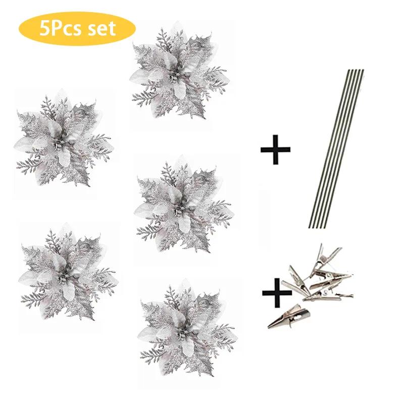 5PCS Glitter Poinsettia Artificial Xmas Flowers Ornaments for Christmas Tree Decorations Fake Flowers Head Christmas Decoration