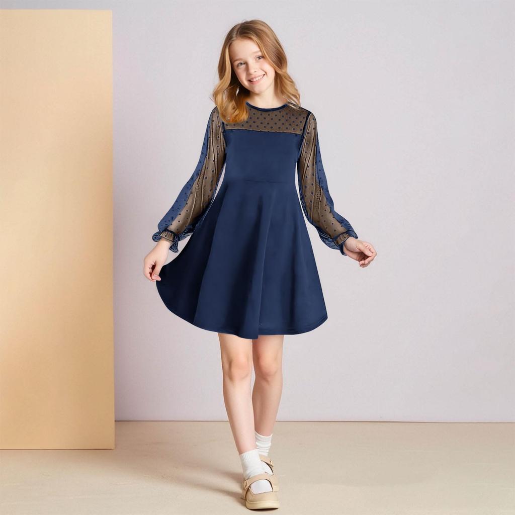 CUHK Mädchen Spitze Langarm Farbe Niedliches Prinzessinnenkleid