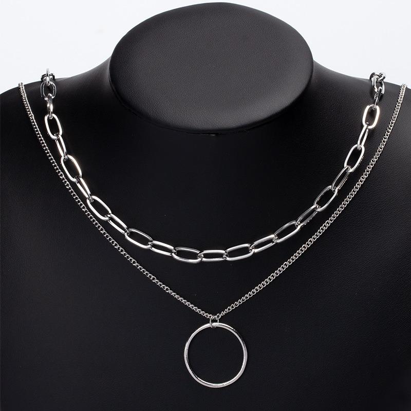 New silver-plated circle thick line multi-layer necklace celebrity fashion street shot personalized double-layer collarbone chain women