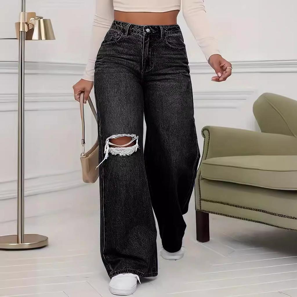 Washed Personality Hole Loose High Waist Wide Leg Floor Jeans