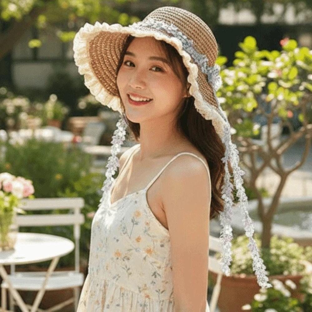 Breathable Big Brimmed Straw Hat Lightweight Woven Sun Cap Elegant Vacation Beach Cap  Carnival