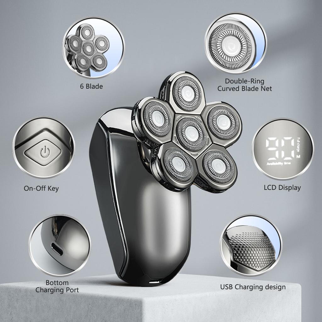 Pánský elektrický holicí strojek na mytí celého těla Six-Bade Head Shaver Multifunkční holicí strojek s digitálním displejem LCD