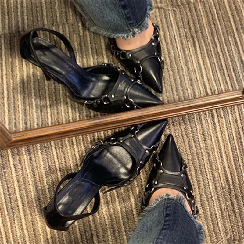 Fashion New European And American Riveted Line Buckle Stiletto Heels Female Sense Black Pointed Shallow Hollow Temperament Single Shoes