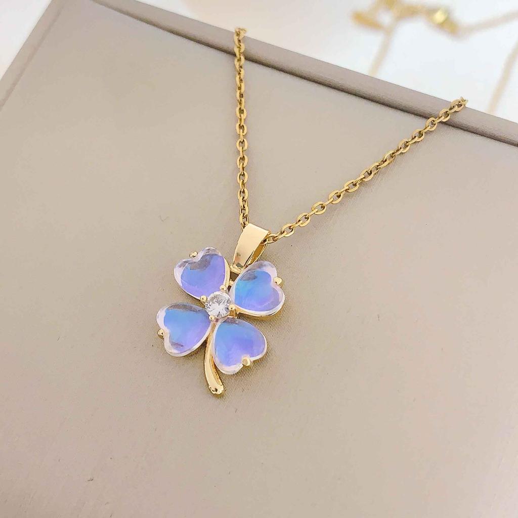Stainless Steel Chain Classic Shiny Zircon Four Leaf Clover Pendant Necklace for Women Lady Vintage Jewelry Accessories Gifts
