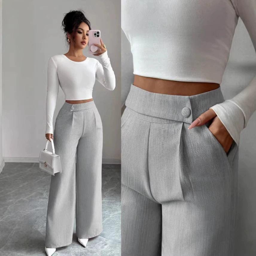 2026 European Women's Spring/Summer Drape Long Pants with Waist Patchwork and Button Details