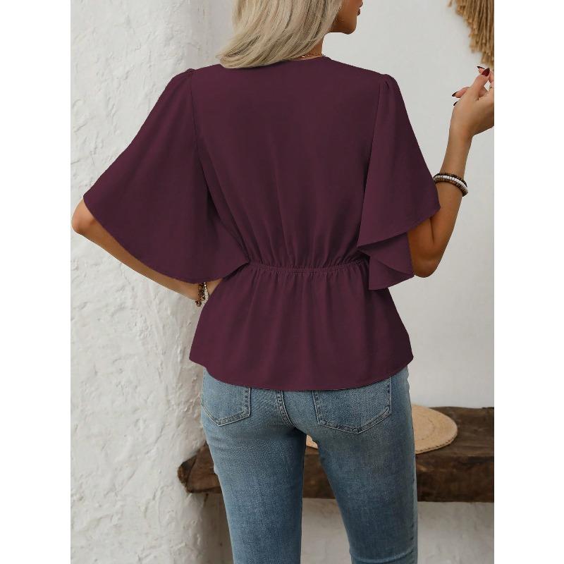 JKASHDK Women's Fashion Casual Summer Spring Solid Color Print Short Sleeve V-Neck Blouses & Shirts