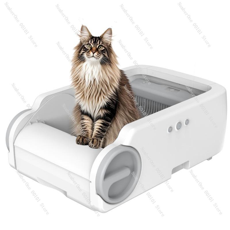 Smart Stainless Steel Base Cat Litter Box, Fully Automatic Open Litter Box with Wi-Fi Cleaning App, Self-Cleaning Cat Toilet