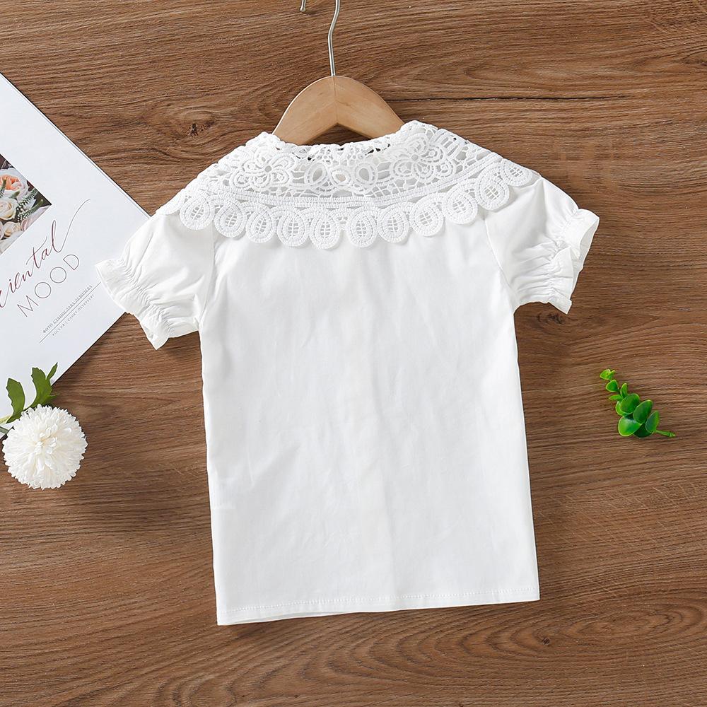 Kids School Shirt for Girl Blouse Cotton Lace Collar White Short Sleeve Tops Summer Children Clothing