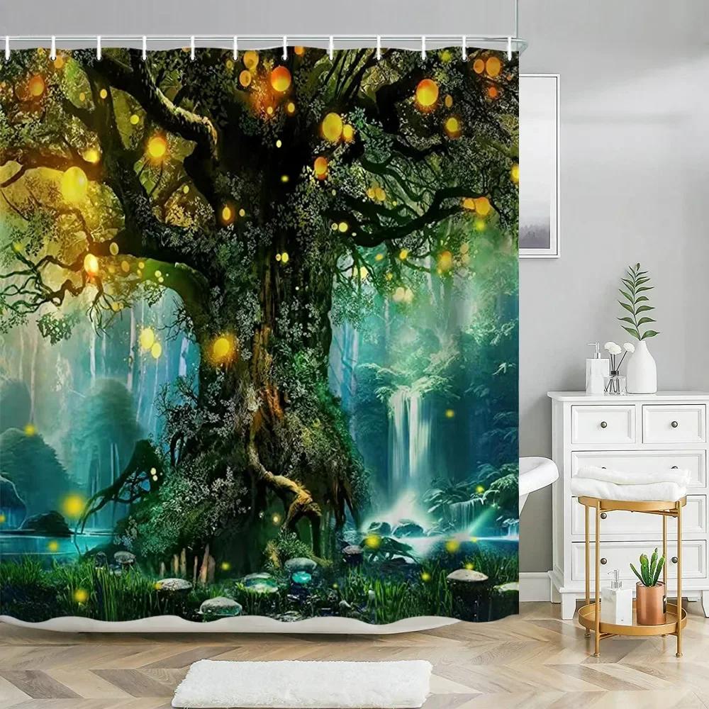 Fantasy Mushroom Shower Curtains Fairy Forest Tree Gothic Panel Jungle Green Zen River Bathroom Decor Shower Curtain With Hooks
