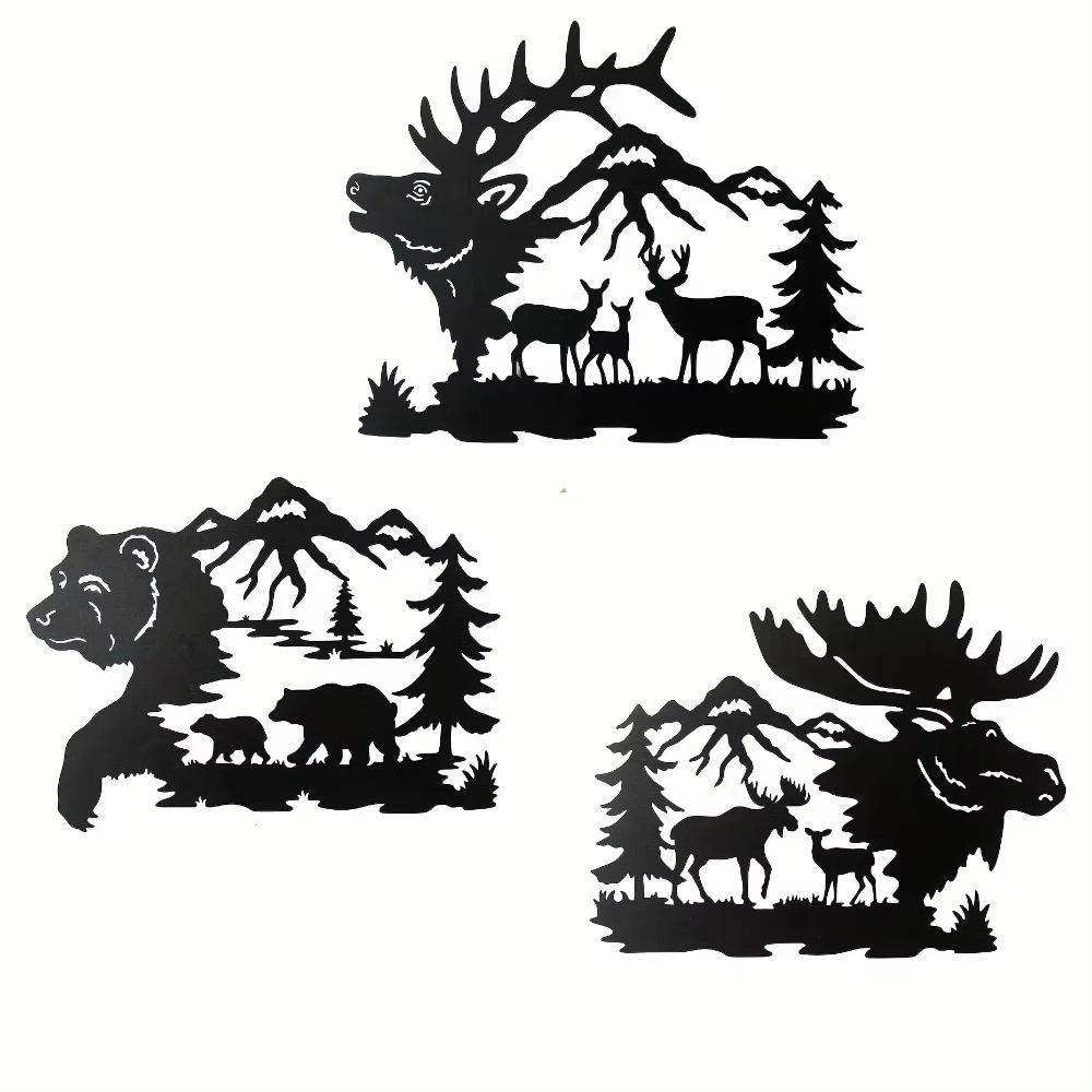 Set de 3 artă de perete cu cerb negru, urs și elan, de 14 inch, cabină rustică și decor de vânătoare Decoratiuni elegante pentru animale sălbatice