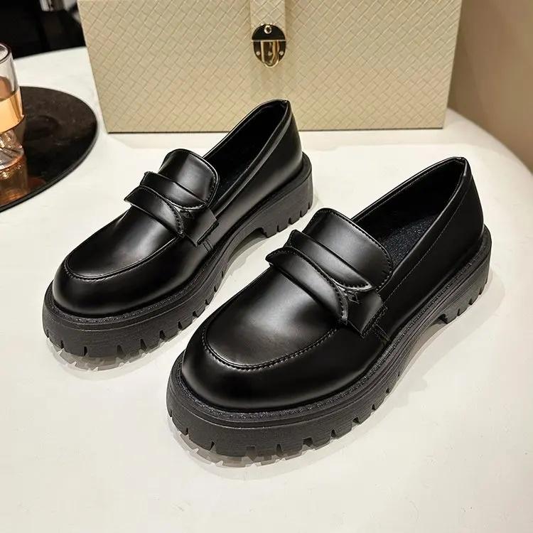 Thick-Soled Women's Shoes British Style Spring Autumn 2024 Cake Base Soft Leather Single Shoes Academy Japanese Style JK Round H