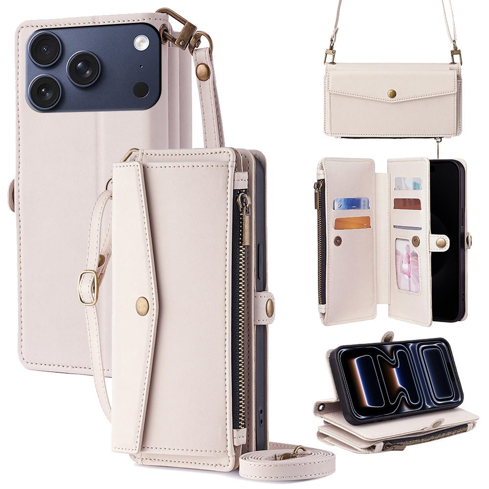 For iPhone 17 Pro Case Card Slots Zipper Purse PU Leather Phone Cover with Shoulder Strap