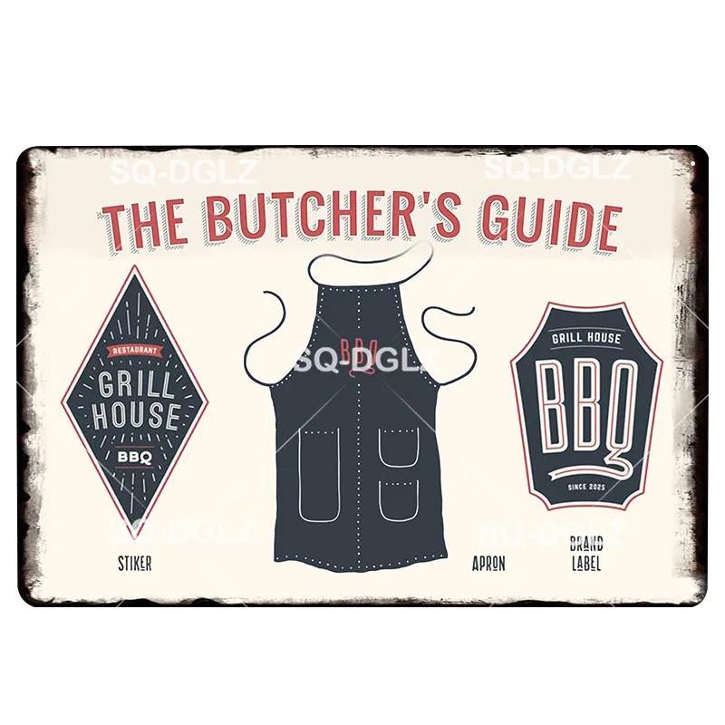 Hisun Tin Sign Vintage Butchers Guide Meat Cuts Metal Tin Sign Set Retro Butcher Shop BBQ Wall Art Decor for Kitchen Restaurant Bar Rustic Iro