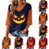 Women's V-Neck Halloween Print Three-Quarter Sleeve Casual Blouse for Fall
