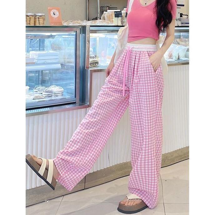 2025 Girls' Pink Plaid High-Waisted Loose Fit Yamamoto Pants: Retro Wide-Leg for Spring/Summer