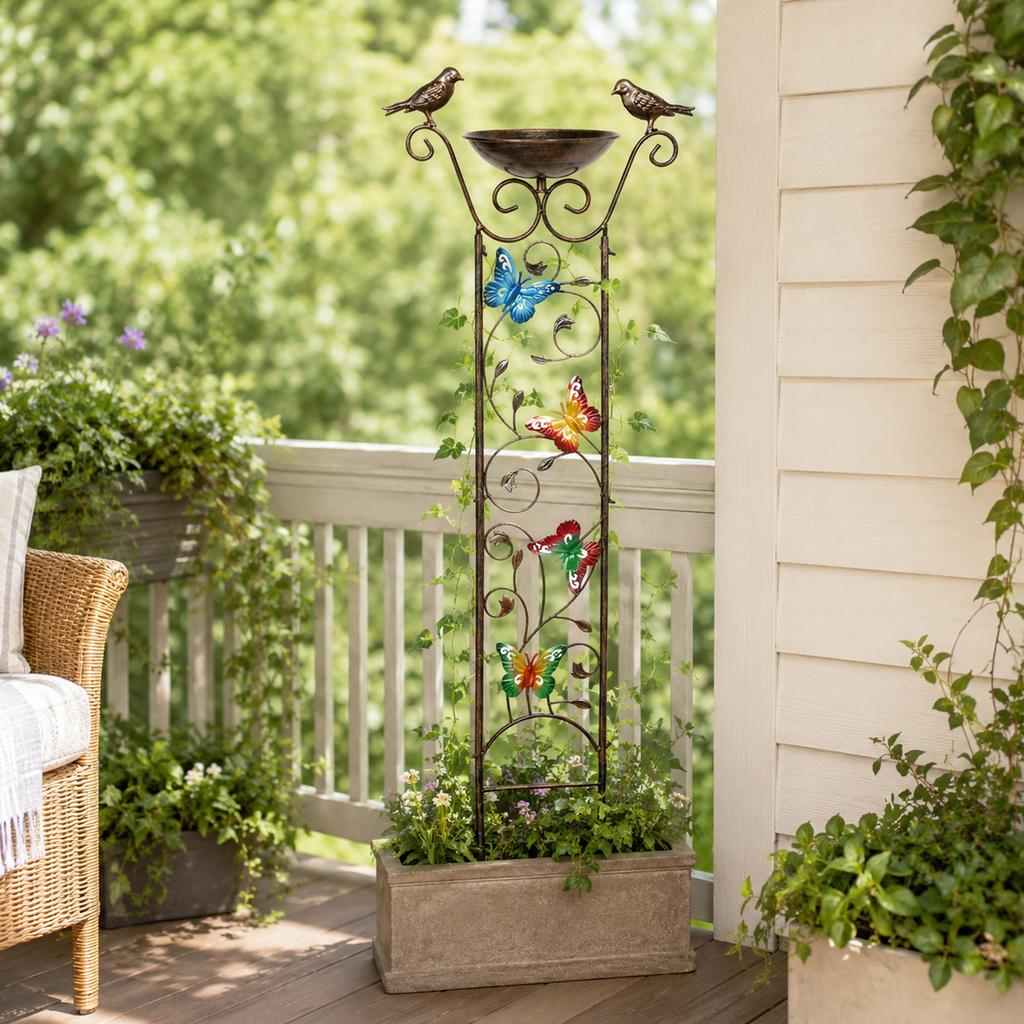 Traliccio da Giardino Esterno con Vasca per Uccelli e Supporto per Piante Rampicanti Struttura Metallica Elemento Decorativo da Giardino per Piante e Uccelli
