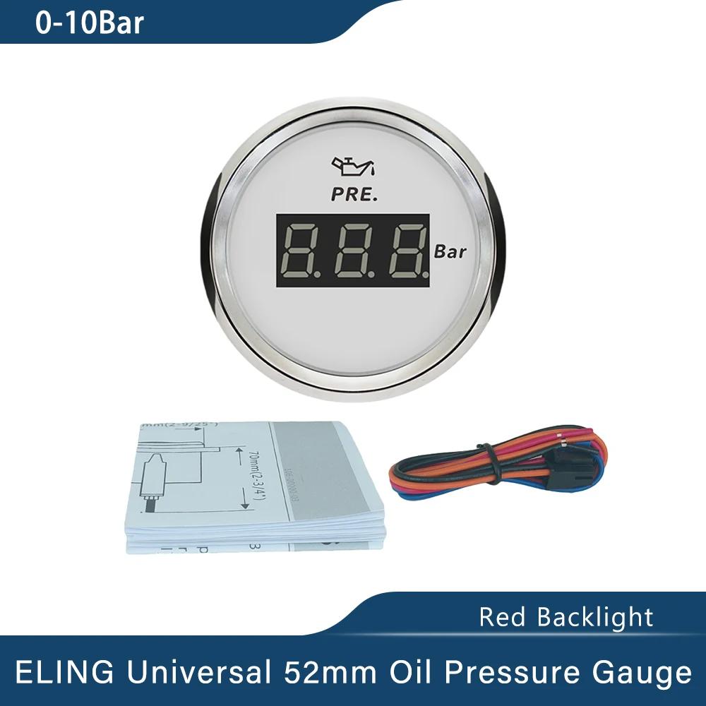 ELING Waterproof Universal 52mm Oil Pressure Gauge 5Bar 0-75Psi 10Bar 0-145Psi with Red Backlight 9-32V for Car Truck Boat Yacht