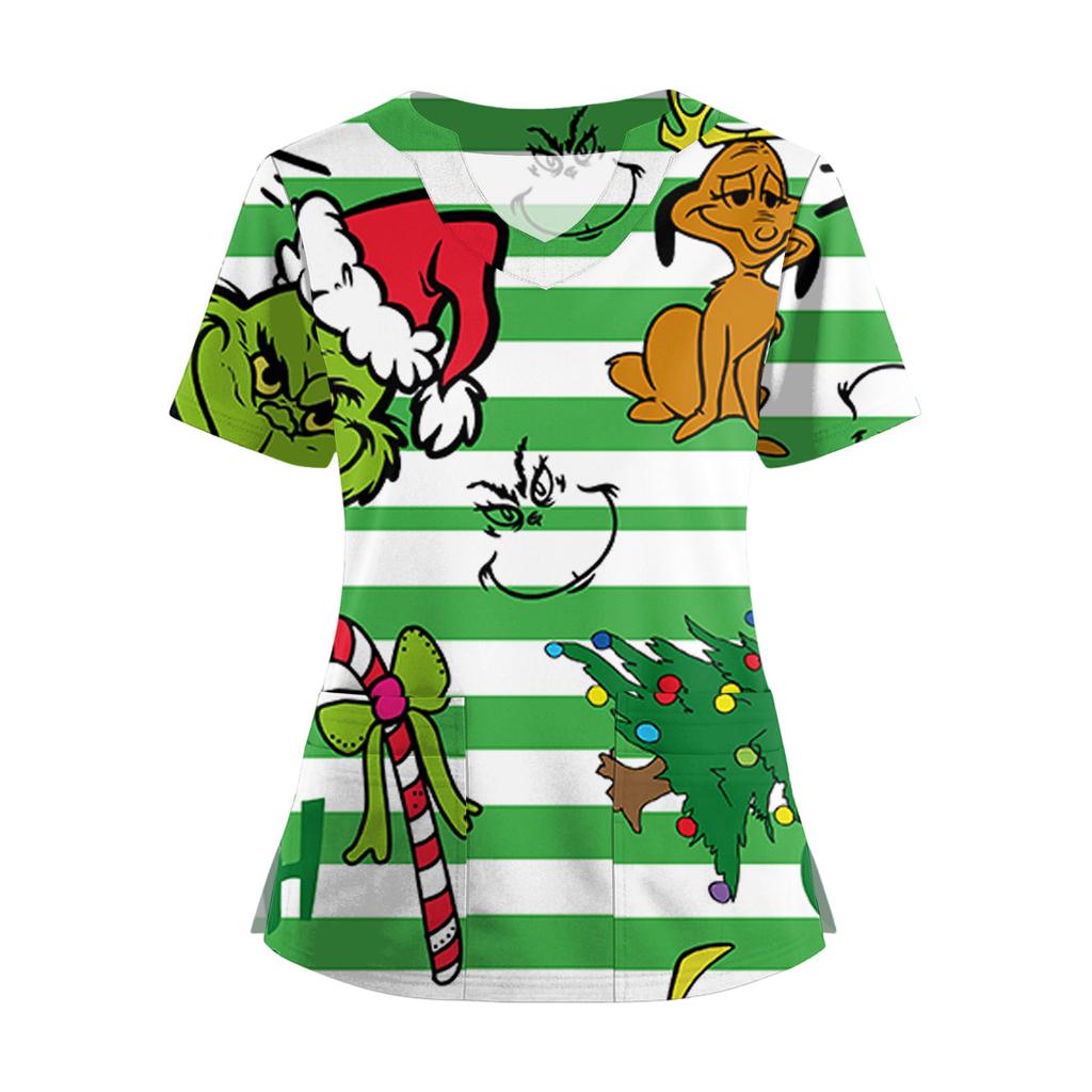 Women's Short Sleeved Christmas Printed V-neck Buttonable Side Slit Top T-shirt