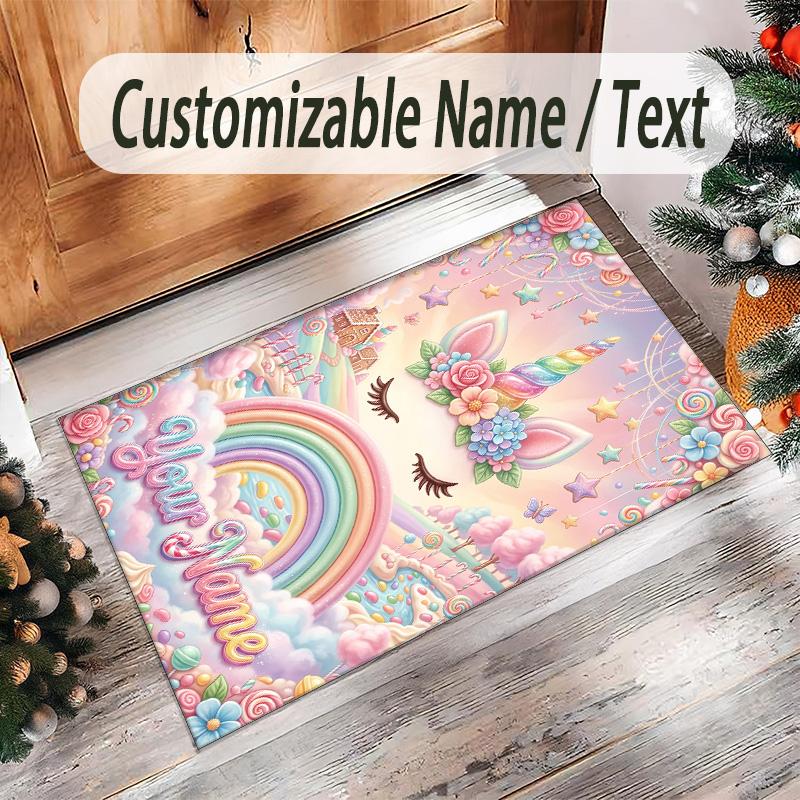 Alfombra de Suelo de Terciopelo de Cristal con Temática de Unicornio, Alfombra Cálida Personalizada con Nombre y Texto, Decoración del Hogar