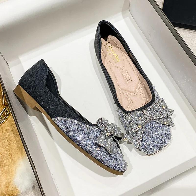 New Women Slip-on Loafers Spring Summer Fashion Beautiful Bling Pearl Flat Shoes Girl Beautiful Casual Boat Shoes