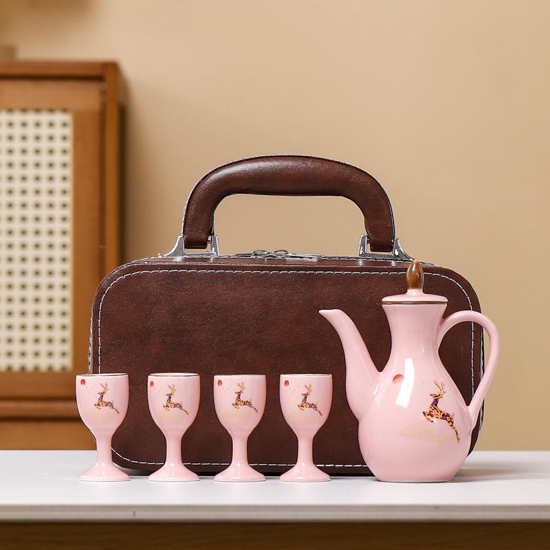 

Ceramic Wine Set Travel Outdoor Pink One Bottle Four Cups Set Japanese Household Sake Pot Bar Set in Gift Box Leather Bag New