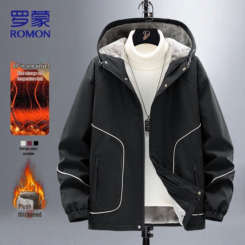 ROMON Men's Loose-Fit Hooded Fleece-Lined Winter Jacket