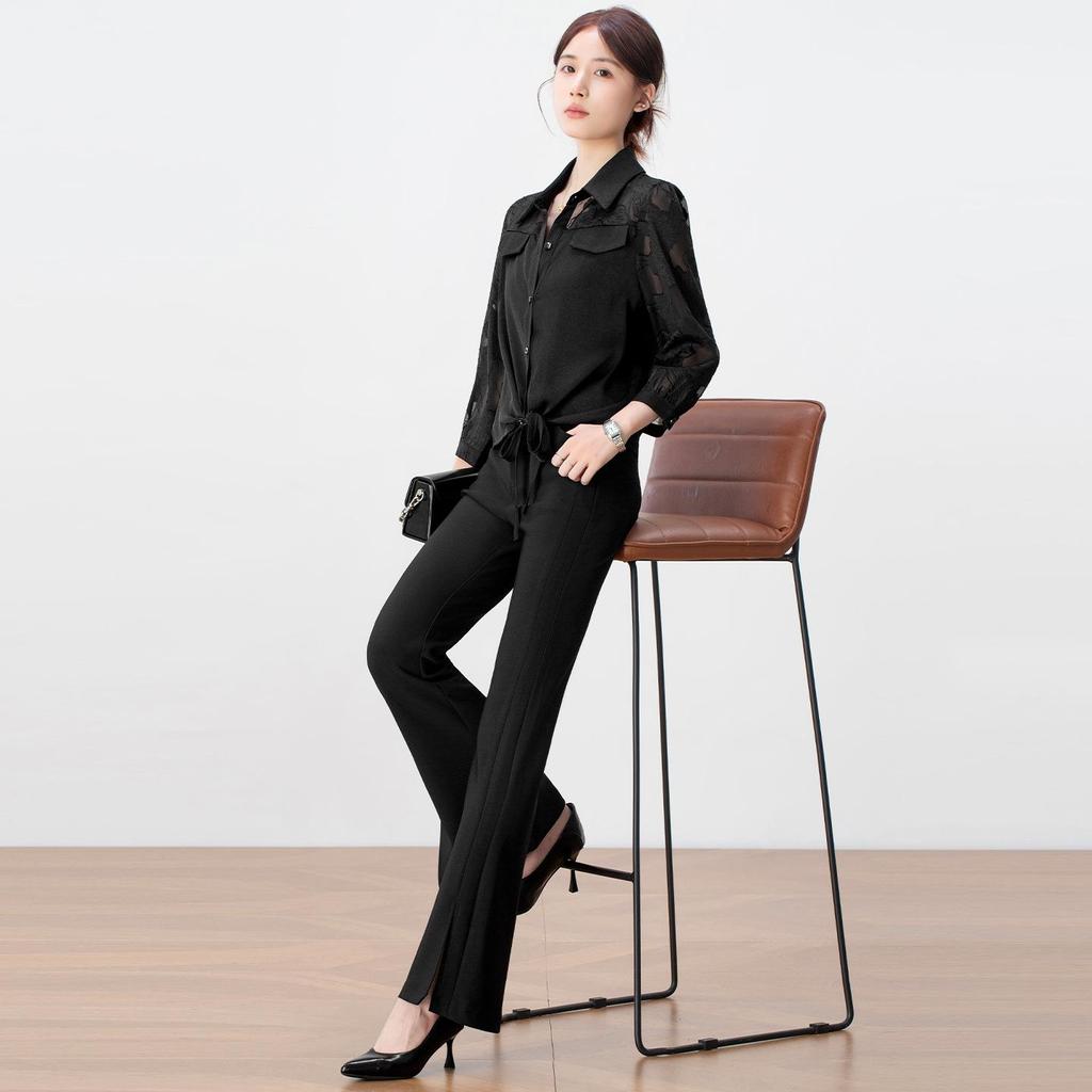 2025 Women's High-Waisted Black Micro-Flare Pants – Slimming, Casual Drape with Split Hem