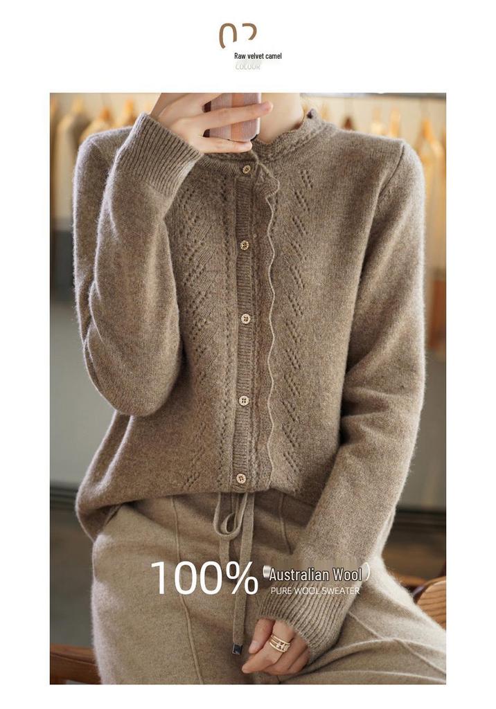 Women's Hollow Lace Wool Cardigan - Half-High Neck, Long Sleeve, Thick Autumn/Winter Style, Versatile, Fashionable Top