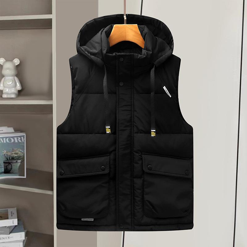 Men's Cotton Vest Couple Design Sense Autumn and Winter Tooling Multi-pocket Loose Jacket Removable Hat Warm Vest