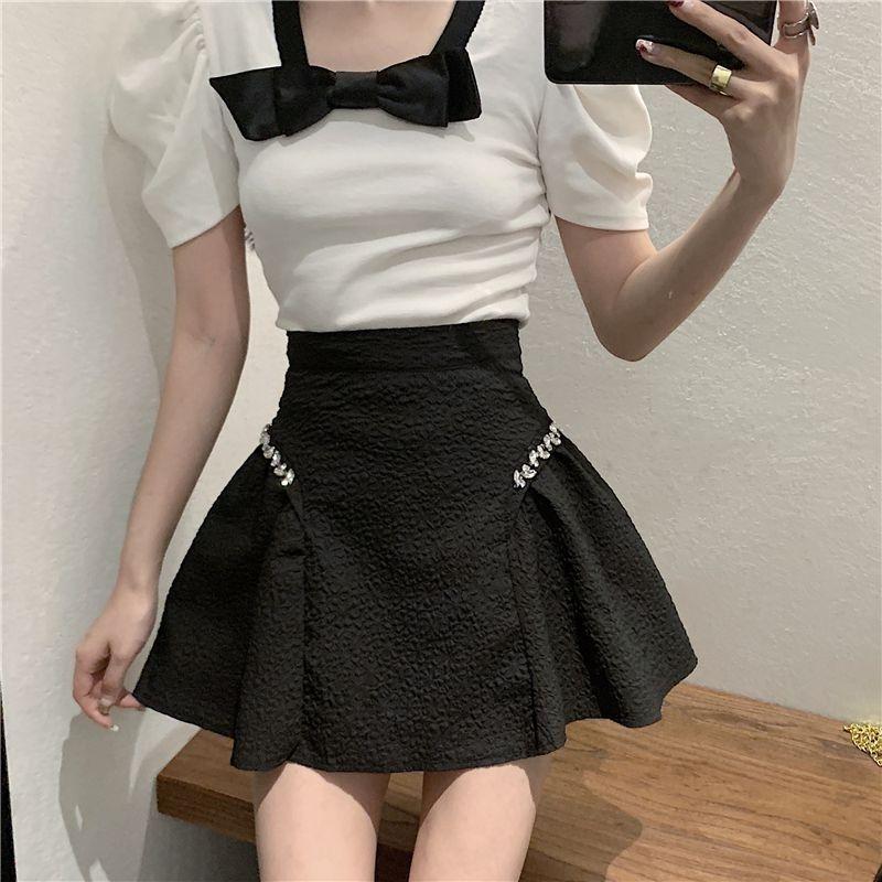 Black Short Skirt Asymmetric Rhinestone Embellished Summer High Waist Slimming Puff A-Line Midi Skirt