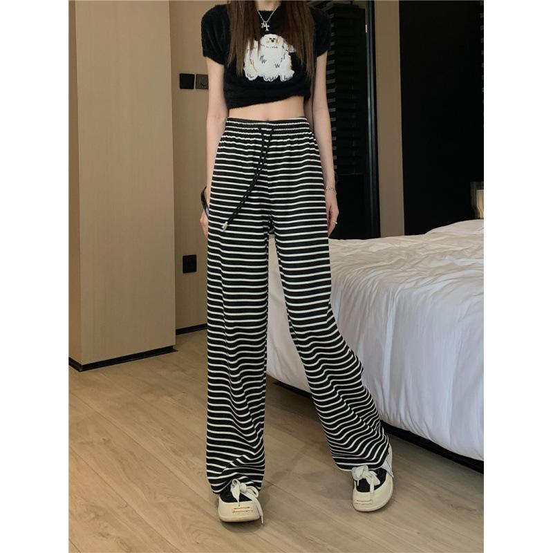 Spring and Summer Thin Straight Leg Wide Pants High Waist Black and White Striped Casual Pants Women Drape Long Pants
