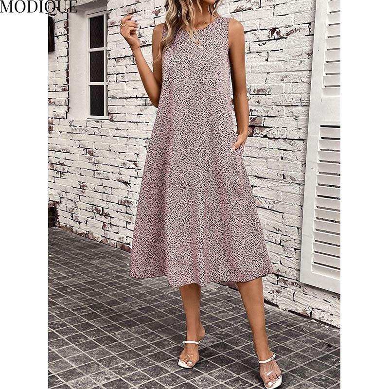 MODIQUE 2025 Summer New Women's Sexy Leopard Print Sleeveless Long Dress Ladies Elegant Casual A-Line Hot O-Neck Dress