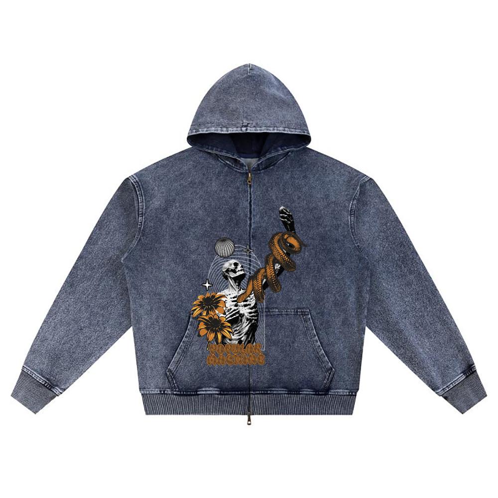 DTG Print Knitted Denim Zip-Up Hoodie Popular Machine Brother Print Zipper Hoodies