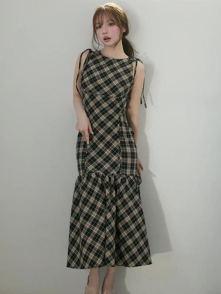 Women's Sleeveless Plaid Ruffle Fishtail Hem Dress with Tie-Up, Japanese and Mary Style, 3 Labels, 25