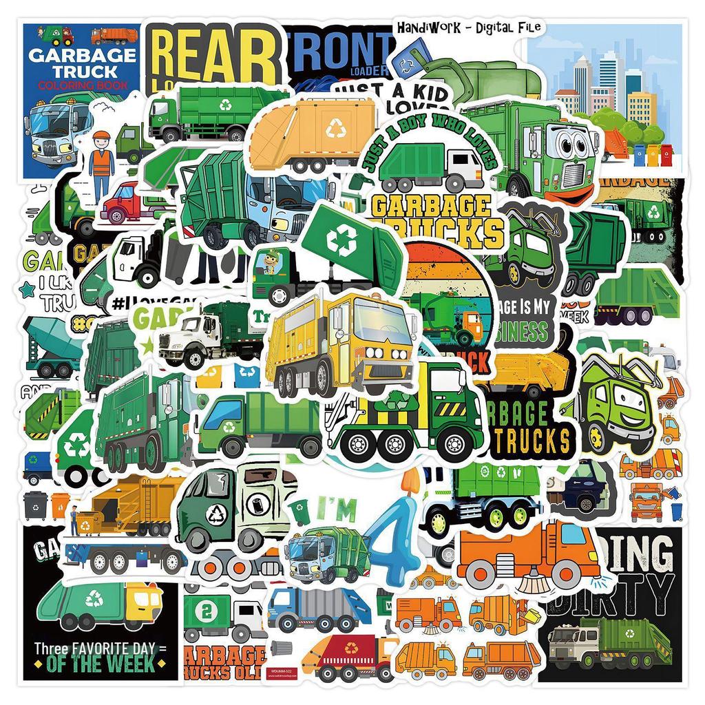 60 Waterproof Cartoon Garbage Truck Stickers for Decor, Stationery, and Devices