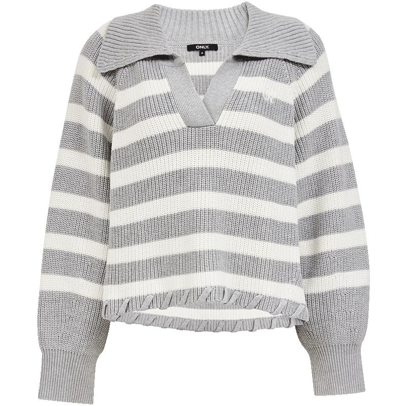 

ONLY Women s Relaxed Fit Striped Lapel Knit Sweater L