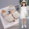Spring Summer Girls Pearl Bow Breathable Woven Hollow Leather Sandals Shoes