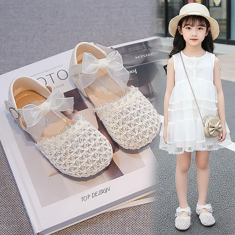 Spring Summer Girls Pearl Bow Breathable Woven Hollow Leather Sandals Shoes