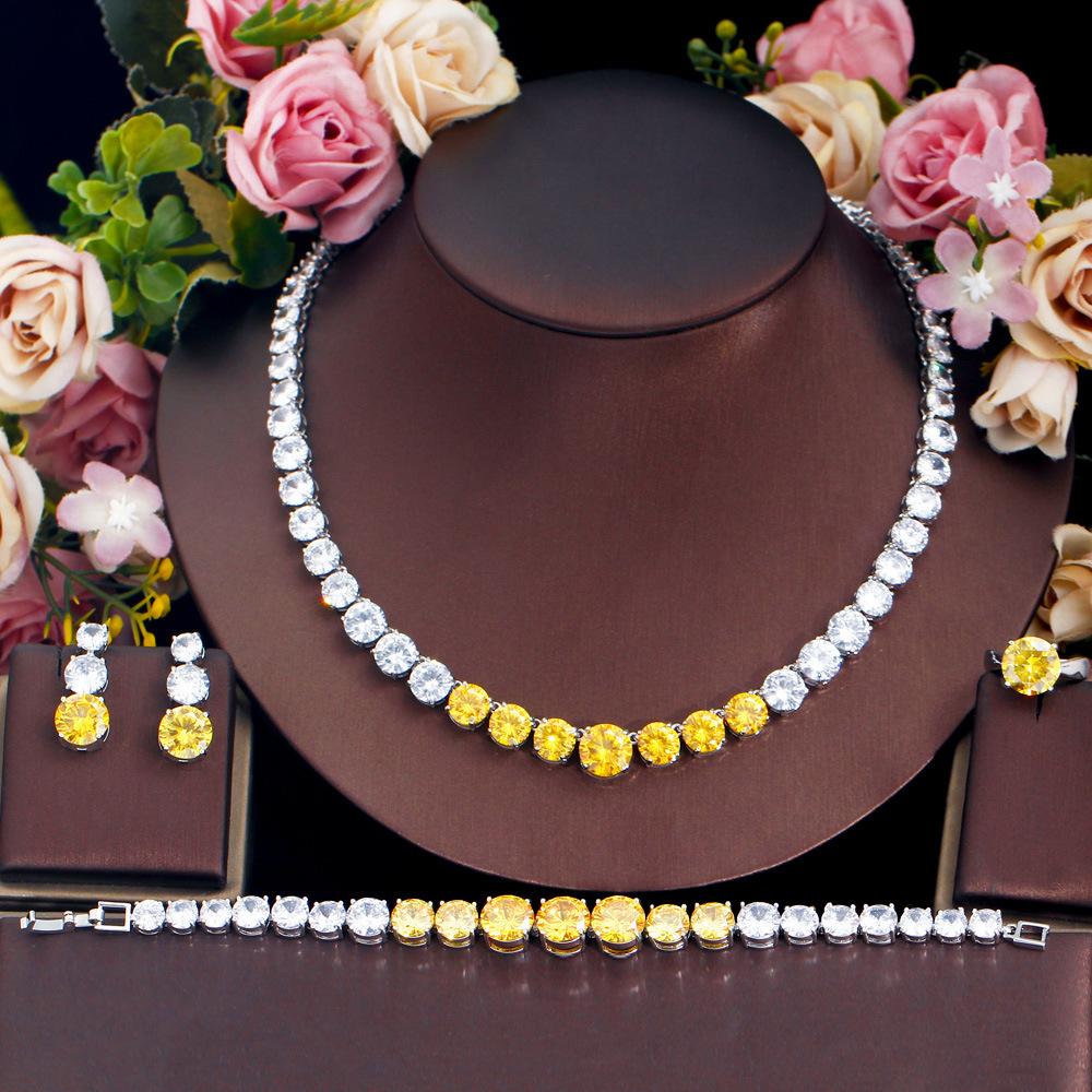 Wind Banquet Dress Accessories Four-Piece Chain Zircon Necklace Earrings Bracelet Ring Set