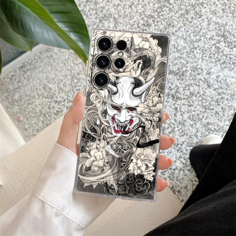 Samurai Hannya Mask Ghost Tattoo Phone Case S25Ultra For Samsung Galaxy S25 S24 S23 S21 Ultra S20 FE S22 Plus A55 5G Clear Cover